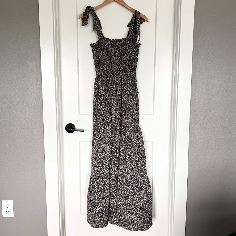Floerns Floral Print Tie Strap Square Neck Ruffle Maxi Dress, Black, Medium